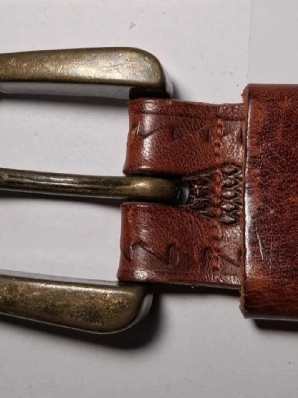 Vintage Brown Leather Belt Hand Carved Brass Buckle Mens 36